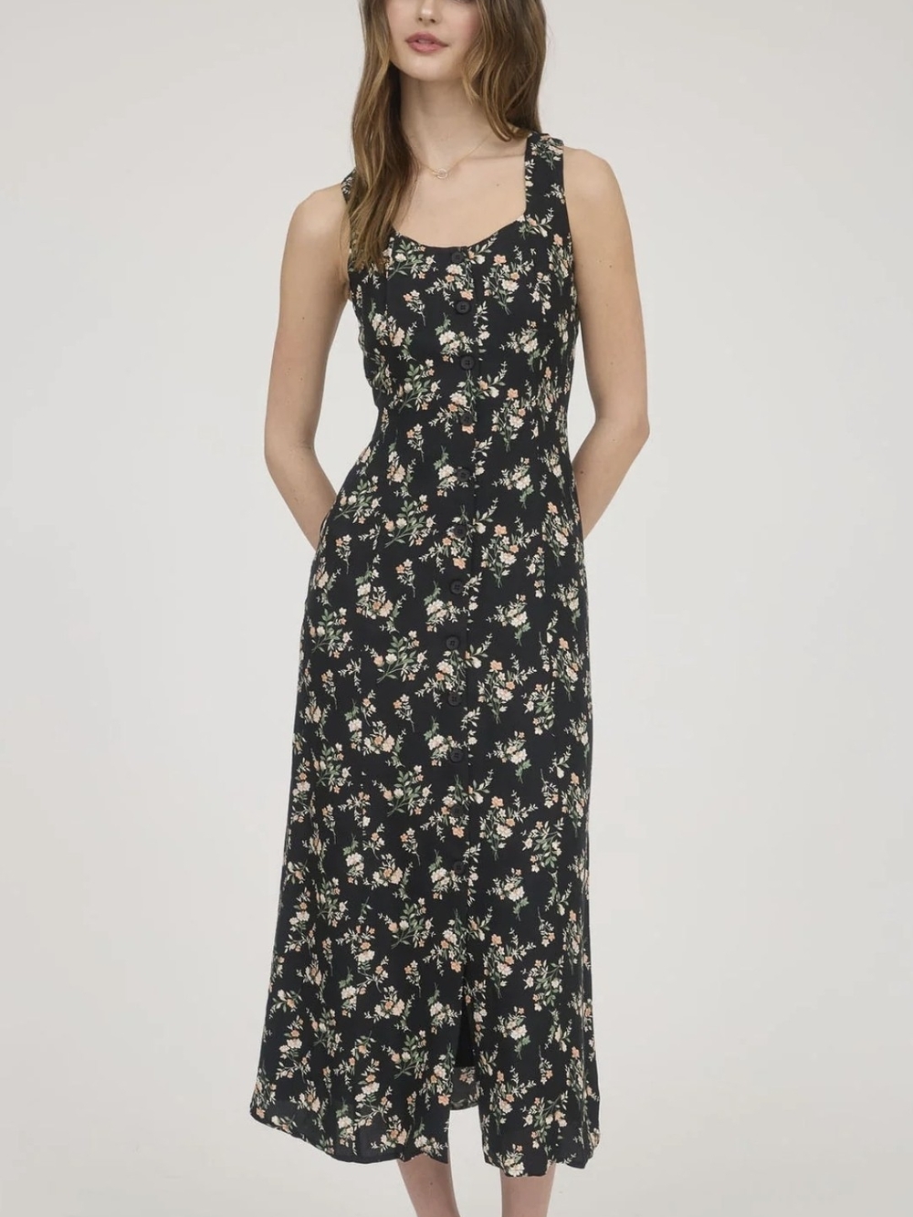 Black Floral Midi Dress with Square Neck